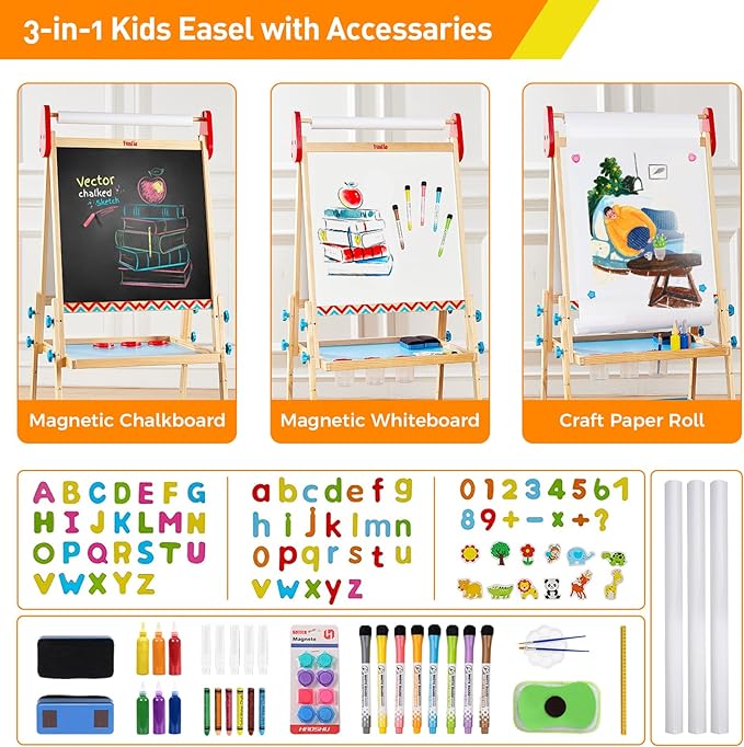 FUNLIO Anti-Warping Kids Art Easel, 3 Height Adjustable for Kids Aged 2-8, All-in-One Toddler Easel with Paper Roll & Erasable Frame, Standing Easel with Magnetic Chalkboard/Whiteboard (Blue)