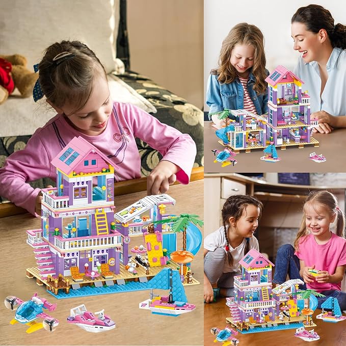 955 Piece Beach House Building Set,Seaside Beach Villa Building Toys Friends Vacation Hut Blocks Set,STEM BuildingToys with Helicopter,Yacht,Sailboat,Christmas Birthday Gift for Girl Age 6-12+