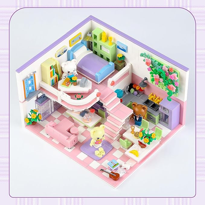Mini Friends Duplex Apartment Building Sets for Adults, Bears Pink Dream House Kitchen Home Cottage Girly Collectible Display Modular Bricks Kits for Teens 14 14+ (1110 PCS)