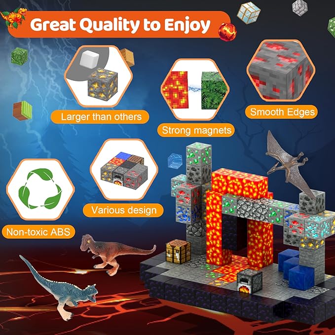 Magnetic Blocks 110PCS with 6 Animal Toys, Volcano Building Blocks Set, Toys for Boys & Girls Age 6-8, Stacking Building Toys for Toddlers Sensory Toy for Kids 6+