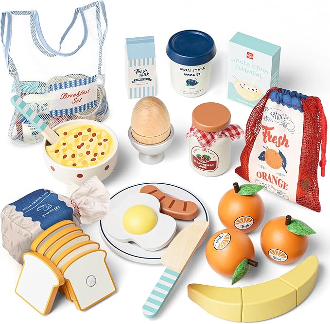 Lehoo Castle Play Food Sets for Kids Kitchen, Wooden Toys Play Kitchen Accessories, Fake Food Pretend Play for Toddlers 3-5, Realistic Food Playset Cutting Fruit Bread Egg Bag, 3 Year Old Girl Gift