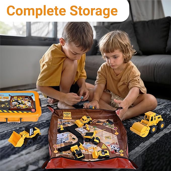 Sensory Play Construction Sand Kit, 2lbs Sensory Sand, Interactive Mat for Mess-Free Play, 22 Piece 5 Trucks 7 Signs 4 Work Figures 6 Tools, Sandbox Toys for Boy Girl Kid Toddlers Age 3+