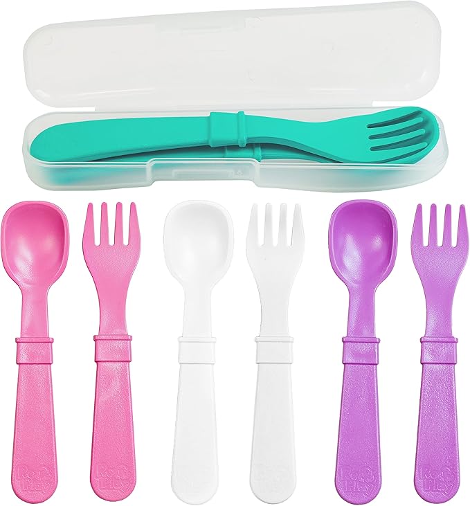 Re-Play Made in USA Toddler Forks and Spoons, Pack of 8 With Carrying Case - 4 Kids Forks with Rounded Tips and 4 Deep Scoop Toddler Spoons - 0.2" Thick Toddler Utensils with Case, Sparkle