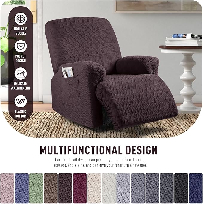KinCam Recliner Covers, Stretch Reclining Chair Covers, Recliner Sofa Slipcovers Stripe Jacquard Recliner Couch Covers Furniture Protector Covers for Pet Kid (1 Seater, Chocolate)