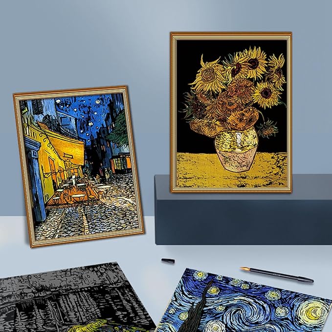 Georgie Porgy Scratch Paper Art Set for Kids Adults Magic Rainbow Scratchboards for DIY Arts and Crafts Kits Christmas Birthday Gift with Scratching Tools Kit (A3+A4-Van Gogh + Street Corner)
