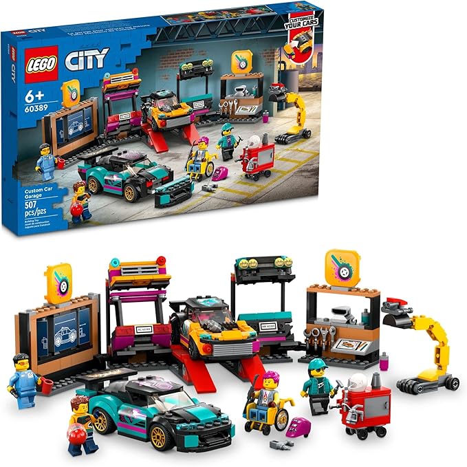 LEGO City Custom Car Garage 60389, Toy Garage Building Set with 2 Customizable Cars and Car Accessories, Pretend Play Mechanic Toy with 4 Minifigures, Gift Idea for Christmas for 6 Year Old Kids