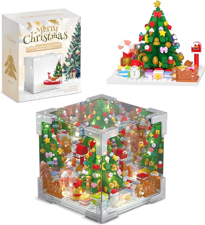 Wowok Christmas Tree Building Blocks Set, LED Infinity Mirror Cube, DIY Night Light Building Toy, Christmas Home Decoration Table Lamp Lovely Xmas Gift for Kids Adults Holiday Family Friends