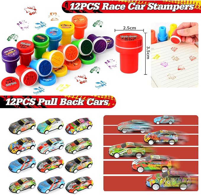 122 PCS Race Car Party Favors, Racing Birthday Party Favors with Pull Back Cars Drawstring Bags Slap Bracelet Keychain Stamper Tattoo Stickers, Racecar Theme Party Supplies Goodie Bag for Boys Kids