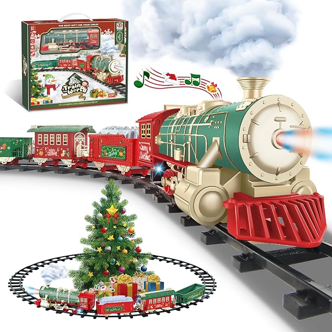 JUQU Train Set, Electric Train Set w/Smoke, Light and Xmas Sounds, Christmas Tree Train Toys w/Steam Locomotive Engine, Toddler Train Sets for Boys 4-8, for Kids Ages 3 4 5 6