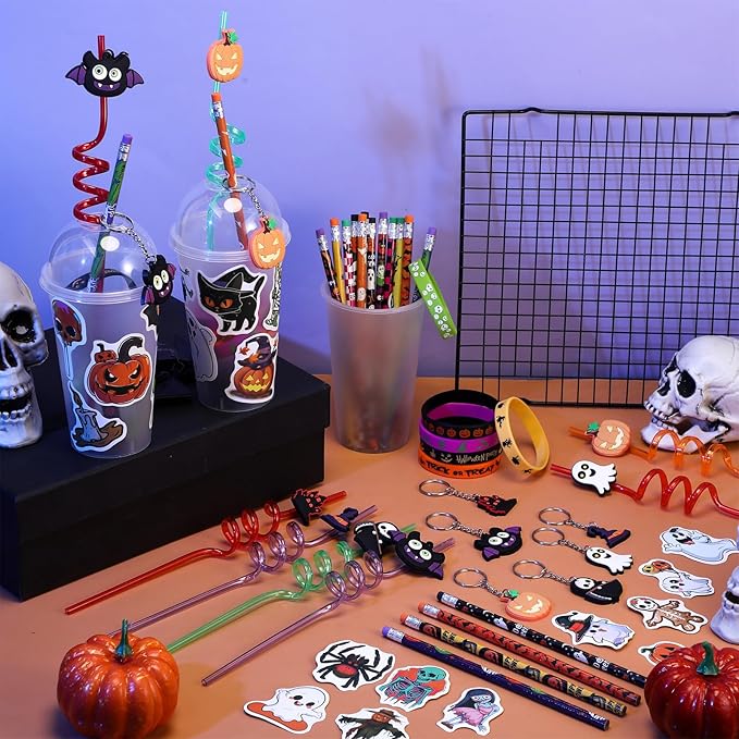 24 Set Halloween Party Favors Gift Cups Filler for Students, Halloween Goodie Bag Fillers, Halloween Treats Non Candy, Halloween Keychain Pencil Straw Silicone Bracelet for Classroom Gifts