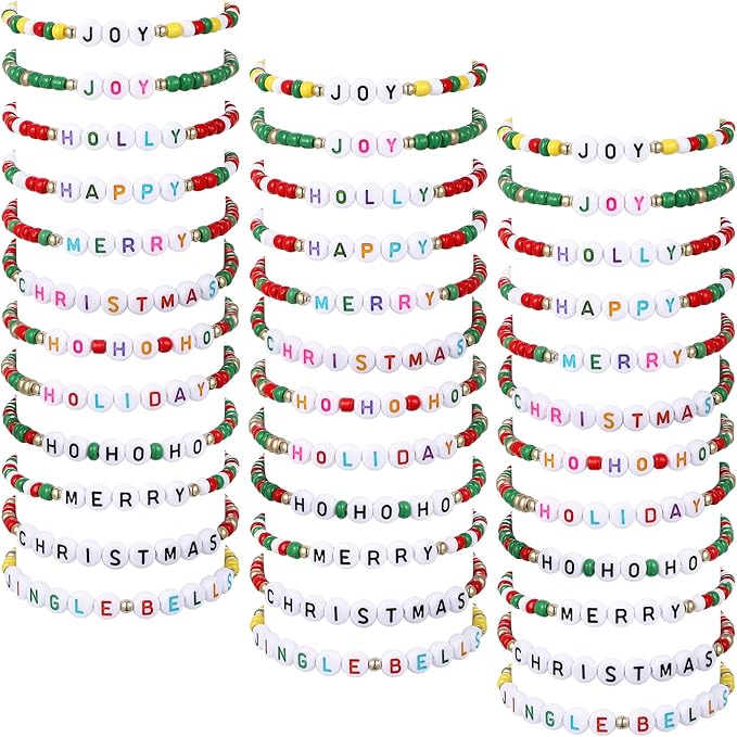 Cunno 36 Pcs Kids Friendship Bracelets for Girls Letter Heart Beads Bracelets Stretchy Cute Bracelet Pretend Play Beaded Bracelets Inspirational Bracelets for Kids (Jingle Bells)