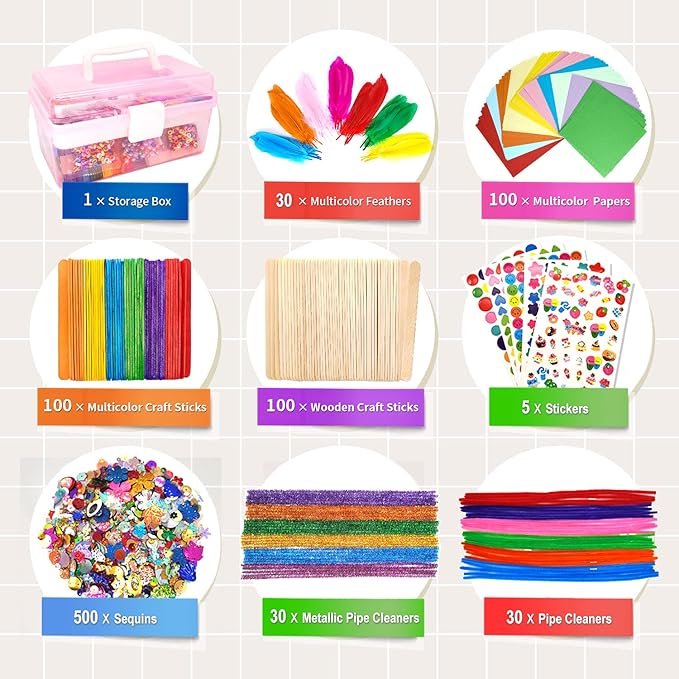 Irichna 1000+ Pcs Art and Craft Supplies for Kids, Toddler DIY Craft Art Supply Set Included Pom Poms, Pipe Cleaners, Feather, Folding Storage Box - All in One for DIY Craft Set (Pink)