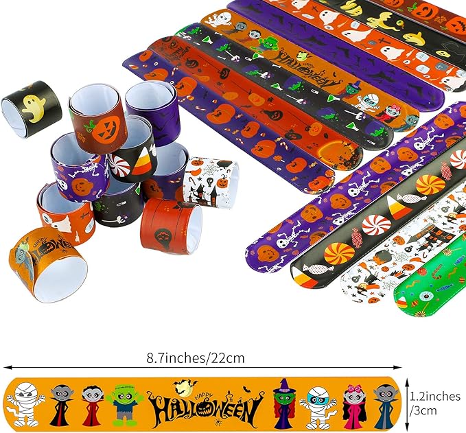 Elcoho 60 Pieces Halloween Designs Snap Bracelets Craft Halloween Party Slap Bracelets Wristbands Toys for Halloween Party Favors