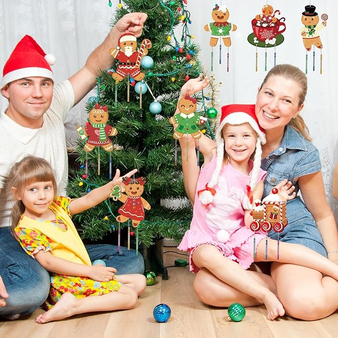 gisgfim 16 Pack Christmas Gingerbread Man Wind Chime Kits Crafts for Kids Make Your Own Wind Chime Wooden DIY Coloring Art Craft for Xmas Party School Classroom Decorations Supplies Birthday Favors