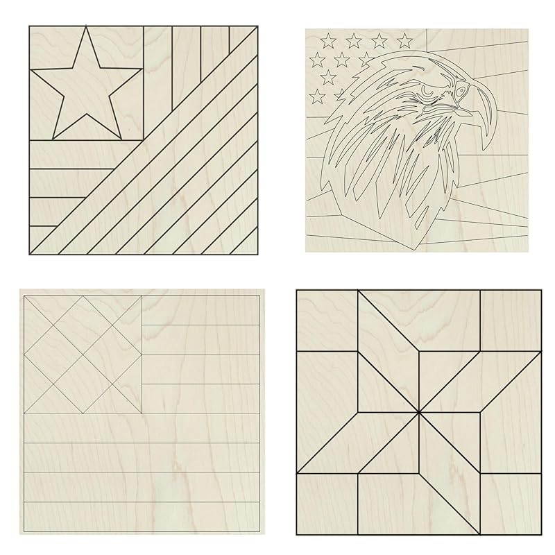 Patriotic Wooden Barn Quilt Kit, DIY Craft Painting Kit for Adults, America Barn Quilts Sign Block (6 inches (set of 4), Flag, Eagle, Hourglass Flag, Friendship Star)
