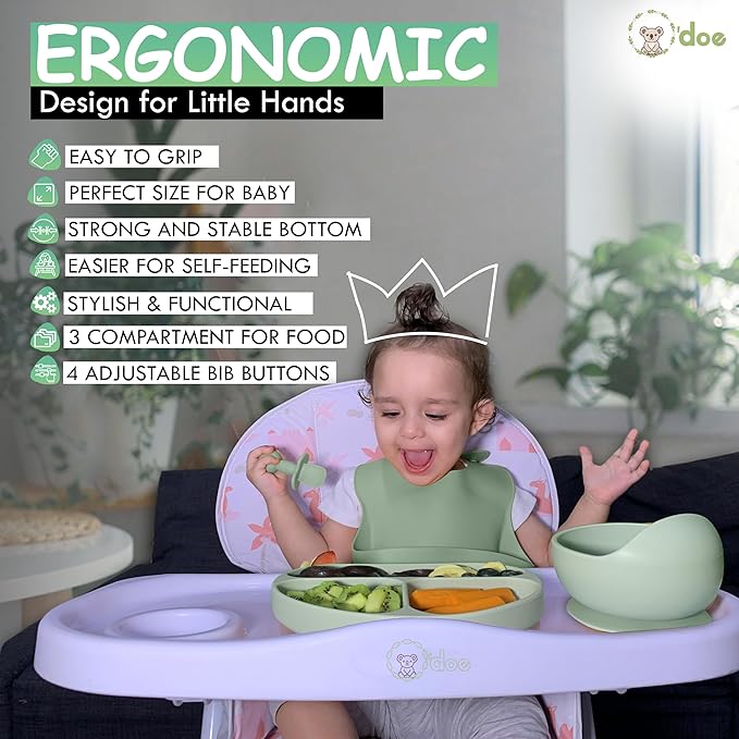 O'doe 11-Piece BPA-Free Silicone Baby Feeding Set | Thick & Soft Suction Plates, Baby Bowls, Wooden Fork & Spoon, and More | Make Mealtime Fun and Easy for Your Little One (Green, V1)