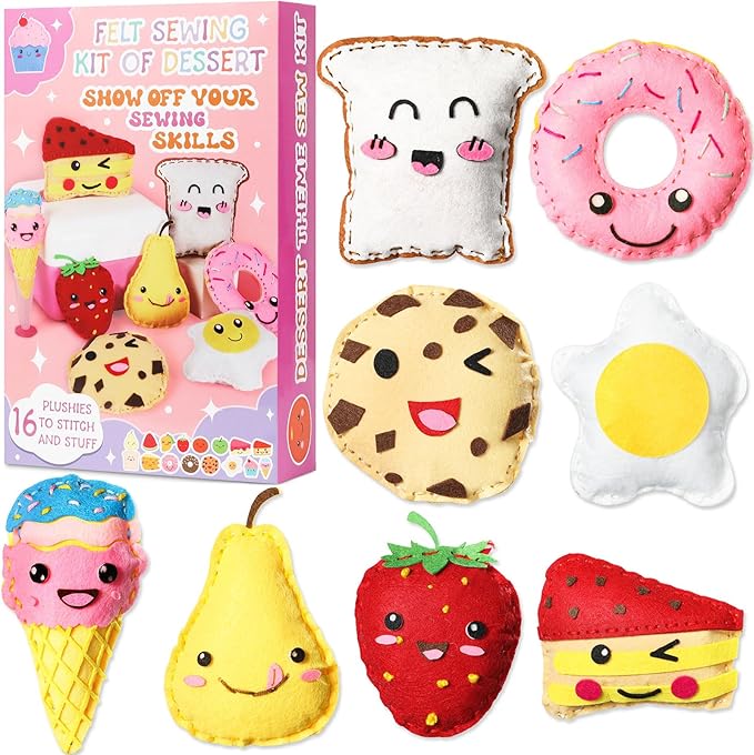 ZOIIWA 16 Sets Food Themed Sewing Kit for Kids Valentine's Day Fun Craft for Boy Girl Felt Plush Craft Kit Sewing Kit Learn to Sew Kit Educational Beginners Sewing Stuffed Ornament for Classroom Gift