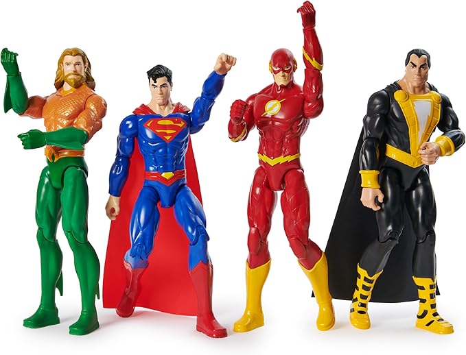 DC Comics, Action Figure 4-Pack, Aquaman, Superman, The Flash, Black Adam, 12-inch, Collectible Superhero Kids Toys for Boys and Girls, Ages 3+