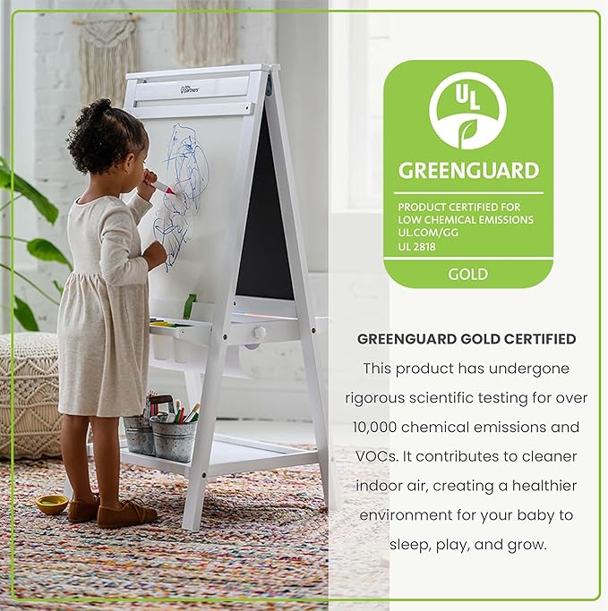 Little Partners Folding EZ Painting Easel for Kids, Dual-Sided Art Easel for Kids Art Station, Folds Flat with Chalkboard, Dry Erase Whiteboard, Paper, Eraser, Paint Cups, Shelf (Soft White)
