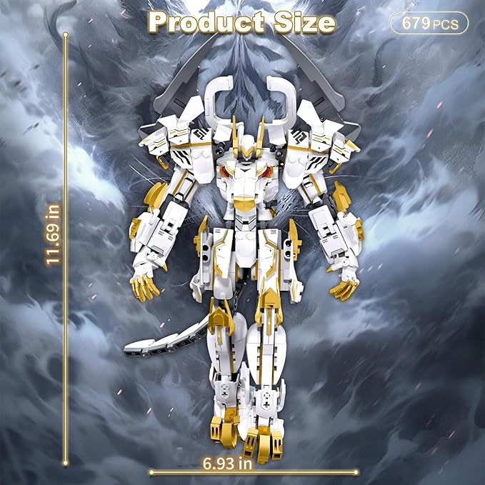 Mech Robot Building Blocks Set for Adults, Flexible Cool White Tiger Warrior Model Kit with Two-Handed Axes Weapon Toy Playset, 679 pcs Creative Mythical Ninja Gifts for Man Boys Ages 12-14