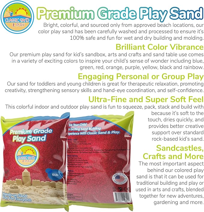 Classic Sand and Play Red Colored Play Sand, 5 lb. Bag, Natural and Non-Toxic, Fun Wet and Dry Indoor and Outdoor, Sandbox, Therapy, and Table Use, Building, Stimulate Sensory Needs