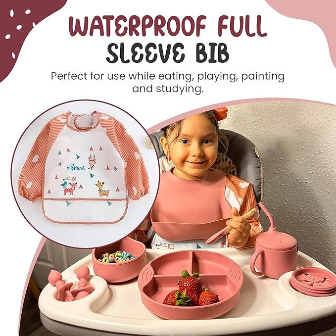 Silicone Baby Feeding Set, Eating Utensils with Suction Plate and Bowl, Baby Led Weaning Supplies, Toddler Self Feeding Dish Set with Waterproof Full Sleeve Bib, Spoon, 10pcs (Pink)