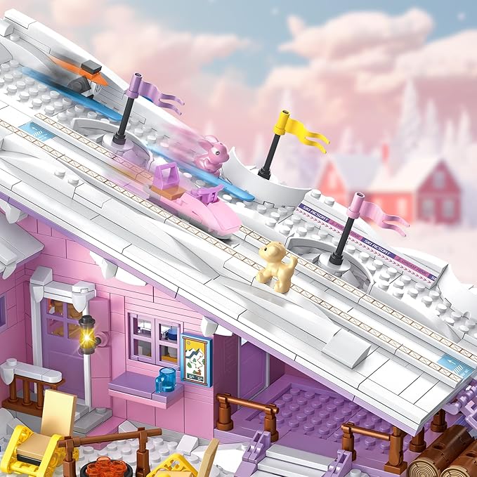 Pink Girls Ski Resort Winter Village House Building Set Compatible with Lego Friends Snow Cabin Collection, Construction Educational Toy for Kids Age 8-12 and Up 1042 PCS