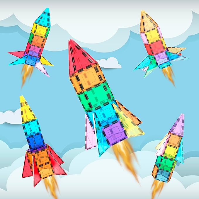 PicassoTiles Magnetic Building Block Rocket Booster Theme Set Magnet Construction Toy Educational Kit Engineering STEM Learning Playset Child Brain Development Stacking Blocks Playboard PT32