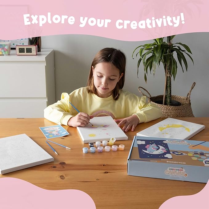 BONNYCO Paint by Numbers Kit for Kids Unicorns Pack 3 Canvas Paint by Number Canvas Framed Unicorn Gifts for Girls Arts and Crafts Kids Paint by Number Kits, Pre Drawn Canvas for Painting for Kids