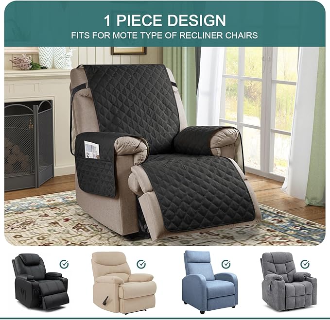 Ruaozz 100% Waterproof Recliner Chair Cover Non-Slip Oversized Reclining Cover for Large Recliner Chair Washable Chair Seat Cover with Elastic Straps for Kids, Dogs, Pets (Black, 28'')