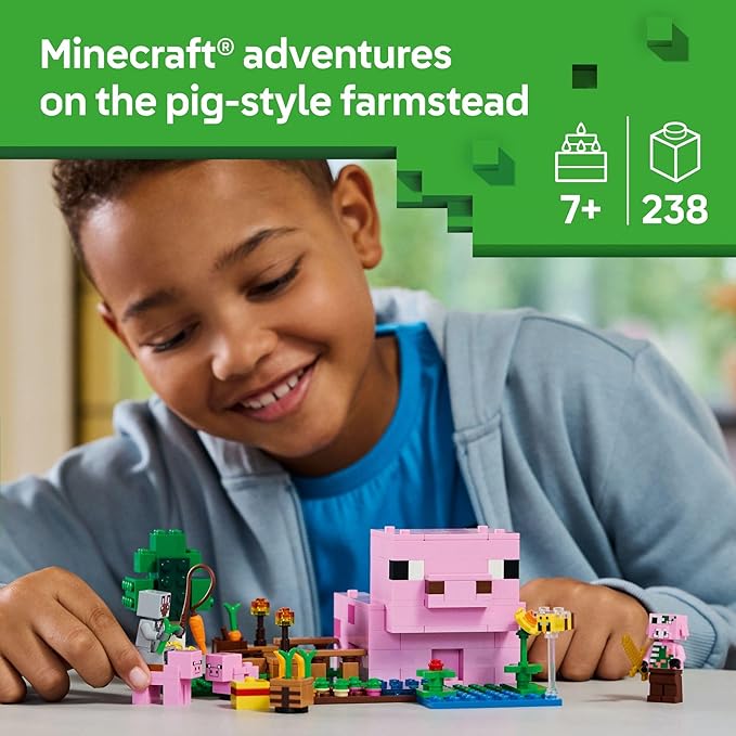 LEGO Minecraft The Baby Pig House Toy Figures and Playset - Building Minecraft Toy for Kids, Boys and Girls, Ages 7+ - with 2 Minifigures for Pretend Play - Gift Idea for Birthdays - 21268