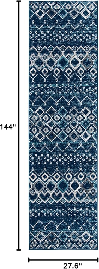 SAFAVIEH Amsterdam Collection Runner Rug - 2'3" x 12', Navy & Beige, Moroccan Boho Design, Non-Shedding & Easy Care, Ideal for High Traffic Areas in Living Room, Bedroom (AMS108N)
