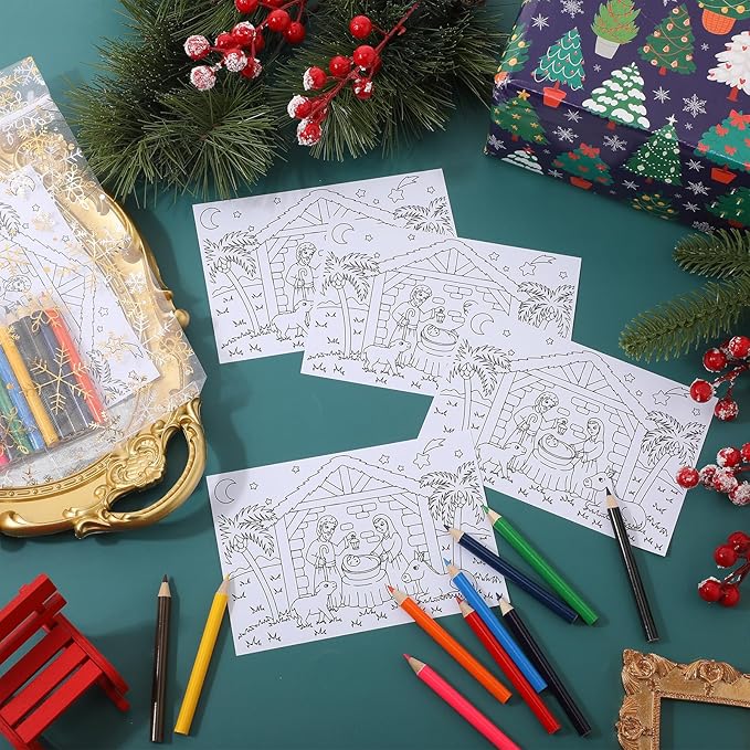Qilery 25 Sets Christmas Activities Nativity Scene Coloring Page Bulk for Kids Coloring Page with Coloring Pencils and Organza Gift Bag Xmas DIY Art Drawing Page for Kids School Party Favor