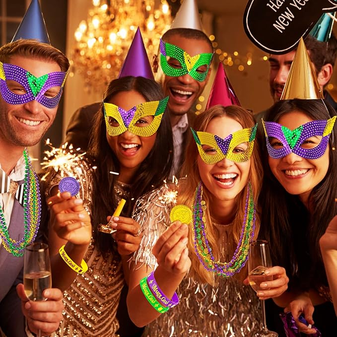 MGparty 216 PCS Mardi Gras Accessories - Masks Beads Necklaces Coins Tattoos Bracelets Carnival Parade Masquerade Party Decorations Supplies