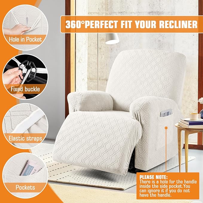 VANSOFY Recliner Chair Cover, 3-Pieces Stretch Lazy Boy Recliner Covers for Recliner Chair Soft Reclining Chair Slipcover Furniture Protector for Dogs Cats(Off White)