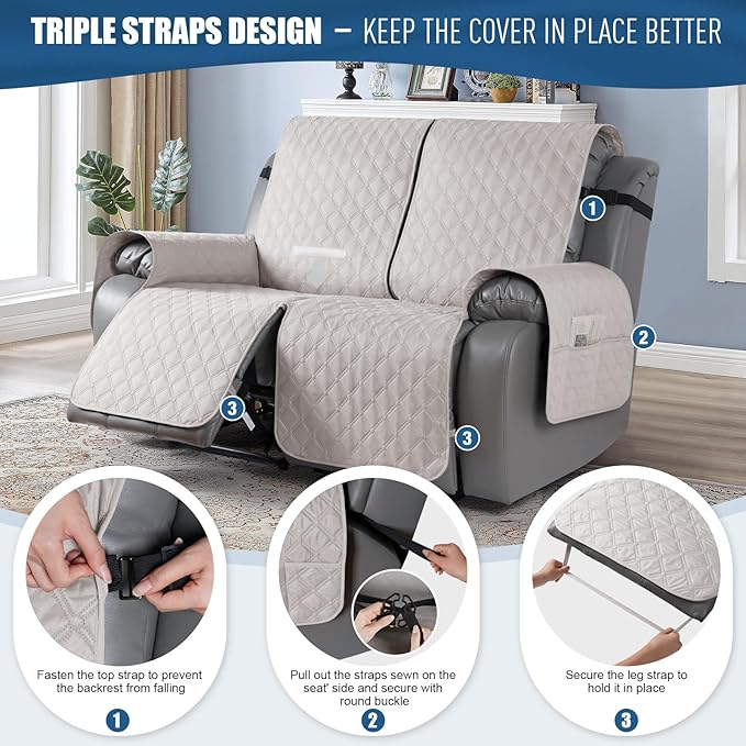 TAOCOCO Loveseat Recliner Cover, 1-Piece Waterproof, Off White, 2 Seater, Soft & Comfortable, Leg Straps, Washable, Couch Protector for Dogs Kids