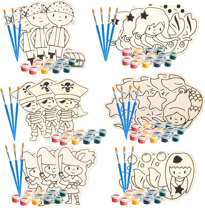 Valentines Cards for Kids Classroom -Mermaid & Pirate Wood Painting Kits (24ct)-Great Valentine's Day Gifts for Kids School Exchange -Each Valentine has Craft, Paints, Brush & Sticker for Boys & Girls