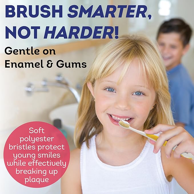 MOUTHWATCHERS Soft Kids Toothbrushes, 4 Pack, Manual Flossing Toothbrush, Ultra Clean, Yellow Childrens Toothbrushes, by Dr. Plotka's