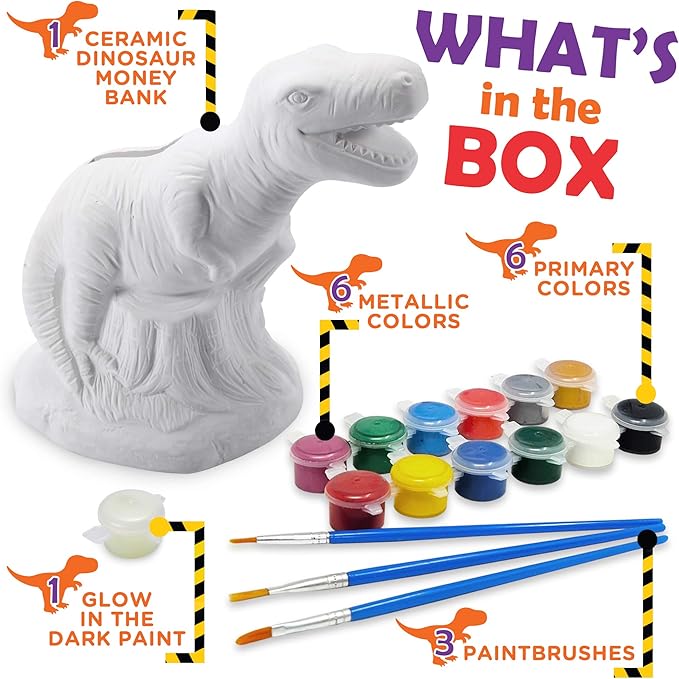 Original Stationery Paint Your Own Dinosaur Money Bank, Awesome Craft Kit with 13 Paint Colors, Roarsome Crafts for Kids and Fun Birthday Gift Idea