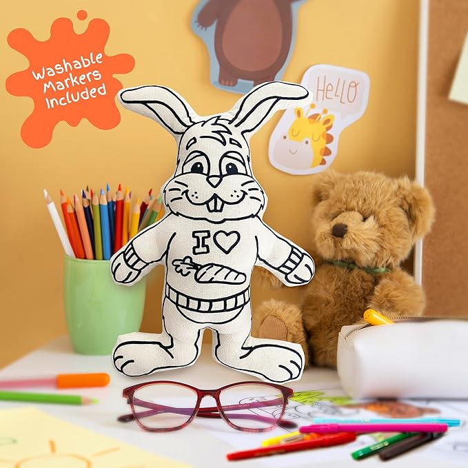 Color Your Doll - Bunny with Mini Carrot Backpack - Washable Markers Included - Reusable, Educational Art & Crafts Toy for Kids - Play, Wash, Repeat - Creative Gift for Easter Basket