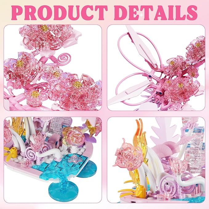 Crystals Flowers Botanical Collection for Adults - 490 Pcs Building Sets, Pink Transparent Crystal Flowers Toys, Plants Botanical Flores Gift Table Art for Adults for Kids Adults