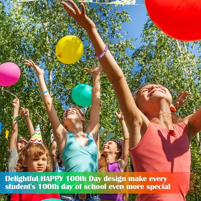 WILLBOND Happy 100th Day of School Silicone Bracelets Colorful Rubber Wristbands Gift for Kindergarten Teacher Student Rewards Classroom Party Supplies Decoration(50)
