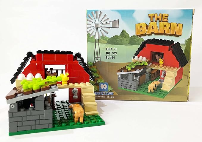 Brick Loot The Red Barn Farm, Custom Designed 160 Piece Model w/Animals, Chickens, Pig, Lamb, Eggs, & More, Compatible with Lego and Other Major Brick Brands Sets and Models, for Adults & Kids Age 6+