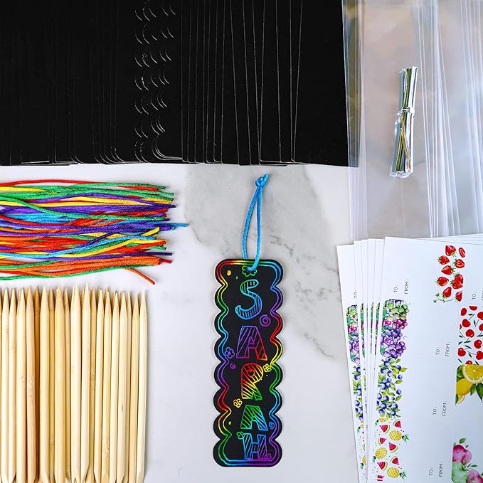 Winlyn 48 Sets 6 Styles Magic Color Scratch Bookmarks Making Craft Kits DIY Rainbow Scratch Paper Bookmarks with Scratching Tools Ribbons Art Sets for Kids Students Party Favors Classroom Activities