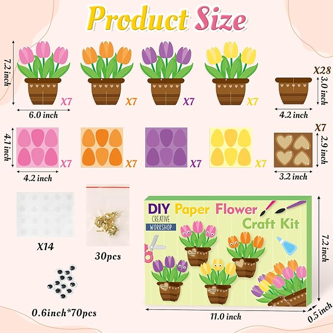 WATINC 28 Pack Tulips Flower Craft Kit, Make Your Tulips Craft Appreciation Gift with Greeting Tags, DIY Thankful Flowers Decor for Home School Party Classroom Art Activitie