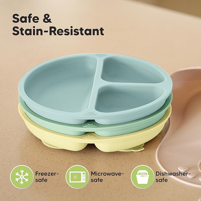 KeaBabies Suction Plates for Baby, Toddler - 3-Pack 100% Silicone Toddler Plates, Divided Baby Plates with Suction, Silicone Plates for Baby, Kids, BPA-Free, Microwave, Dishwasher Safe (Pastel Sky)