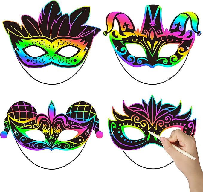 WATINC 24pcs Mardi Gras Scratch Masks for Kids, Carnival Prom Art Craft Kit, Masquerade Party DIY Magic Color Paper Mask, Costumes Dress Up Scratch Off Cards Supplies
