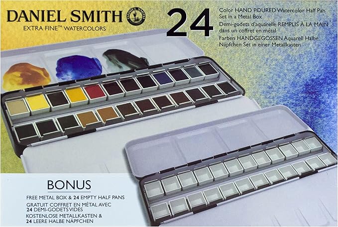 Daniel Smith Color Hand Poured Pan Set with BONUS Metal Box and Empty Half Pans, 24 Units (Pack of 1)