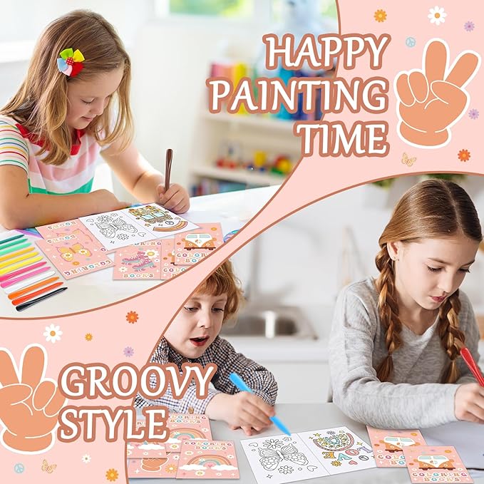48Pcs Bulk Groovy Coloring Books with Crayons Boho Rainbow Coloring Books for Kids Hippie Bus Retro Flowers Pattern DIY Hand Drawing for Boys Girls Groovy Birthday Party Favors