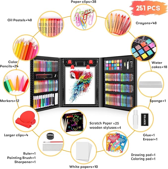 iBayam Art Kit, 251-Pack Art Supplies Drawing Kits, Arts and Crafts Gifts Box for Kids Teen Girls Boys, Art Set Case with Trifold Easel, Scratch Paper, Sketch Pad, Coloring Book, Crayons, Pencils